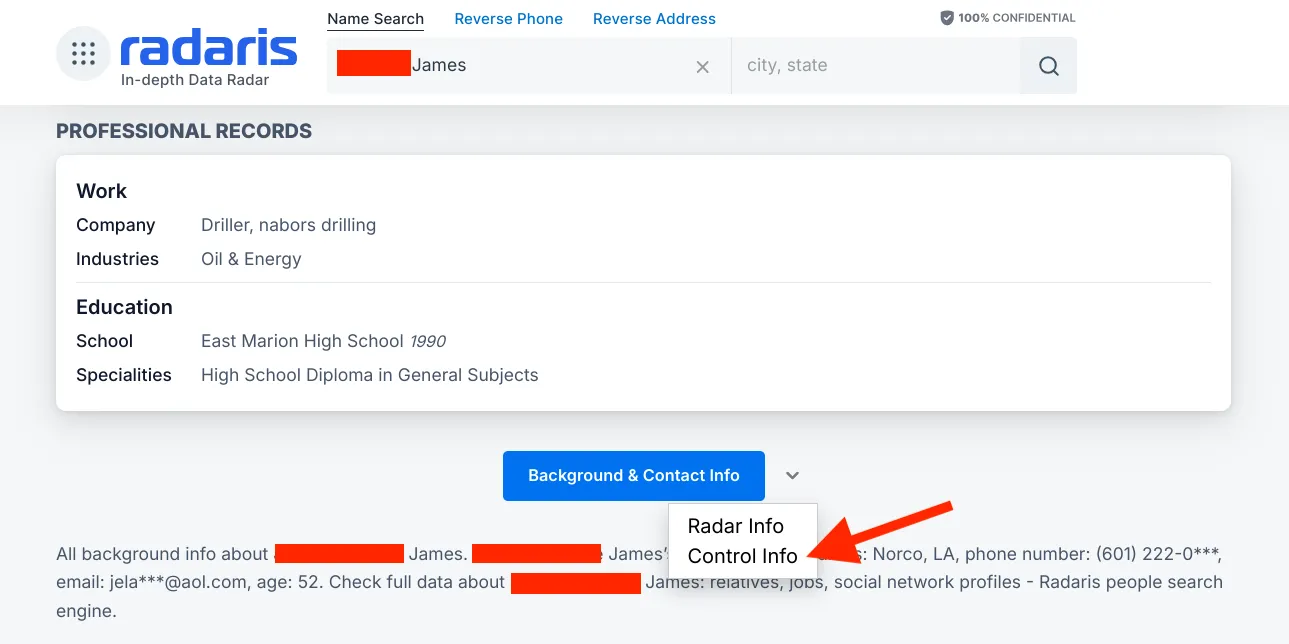Radaris opt out process control info Screenshot of a Radaris profile page with an arrow pointing at the option to Control Info